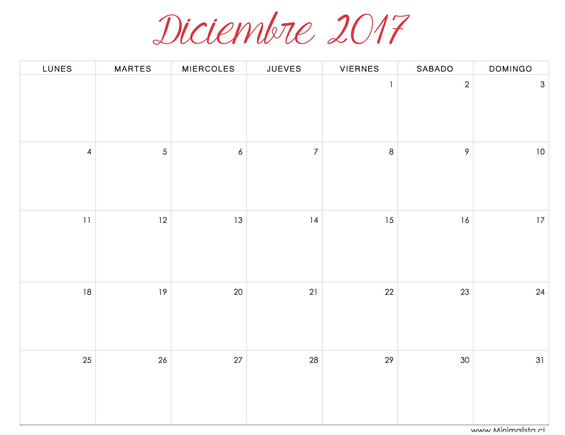 Calendario Diciembre 2017 Imprimible con Espacio en Blanco Calendario Diciembre 2017 Imprimible con Espacio en Blanco
