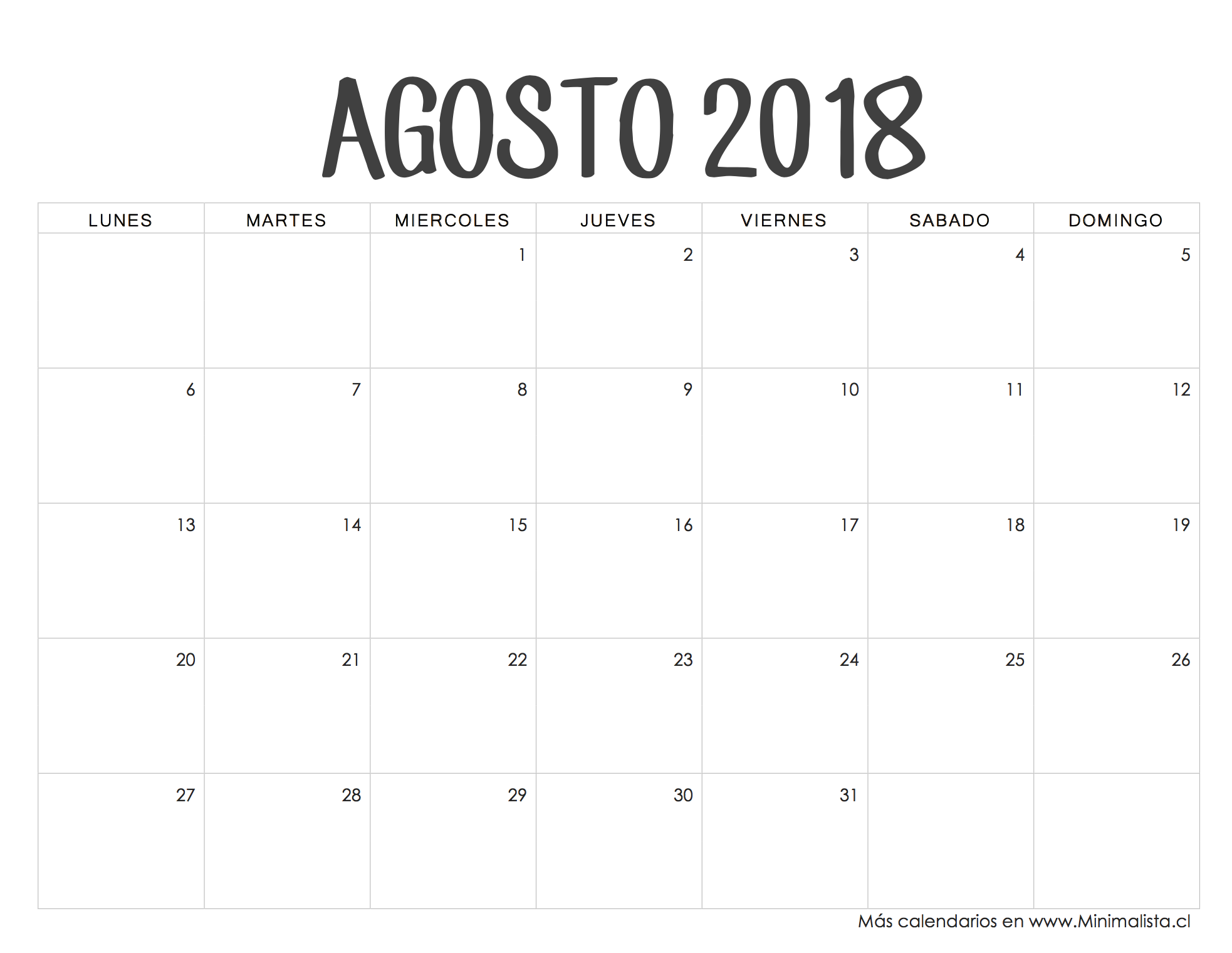 Calendario Agosto 2018
