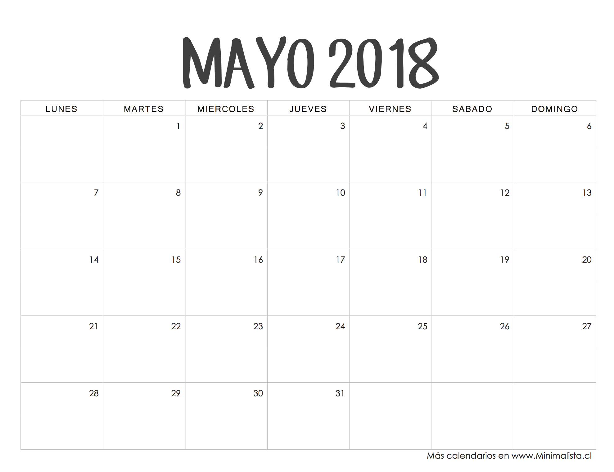 Calendario Mayo 2018