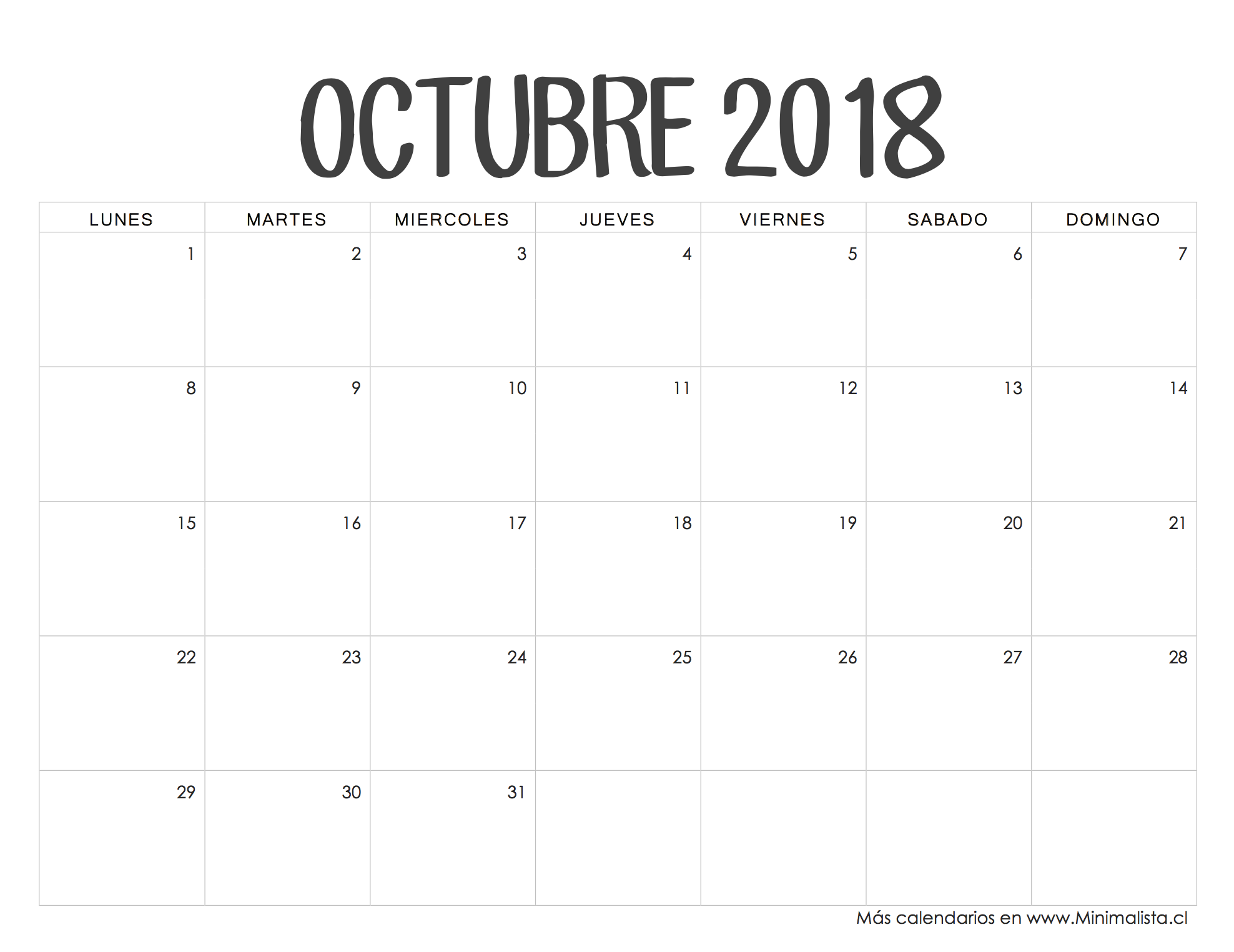 Calendario Octubre 2018