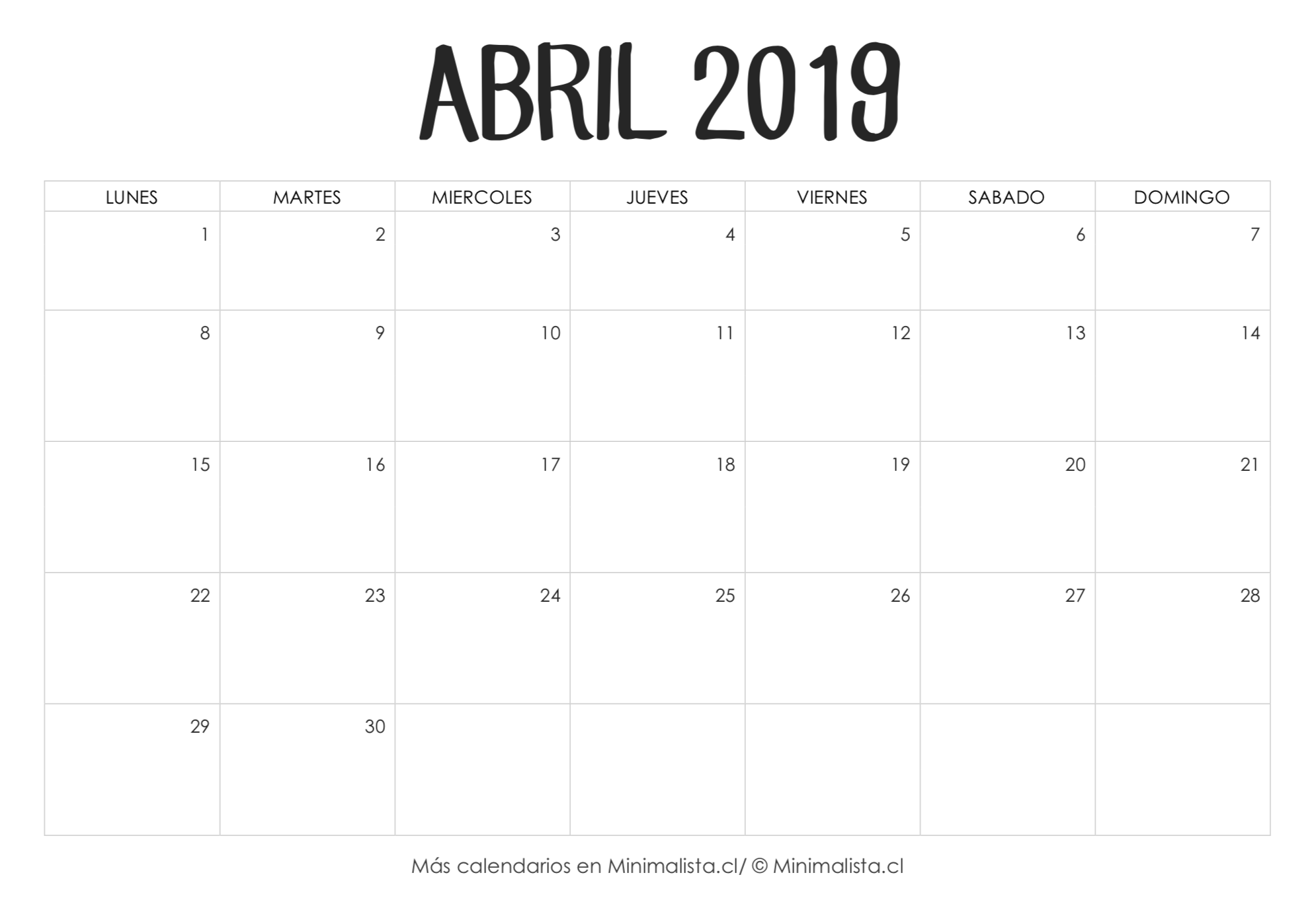Calendario Abril 2019 para Imprimir