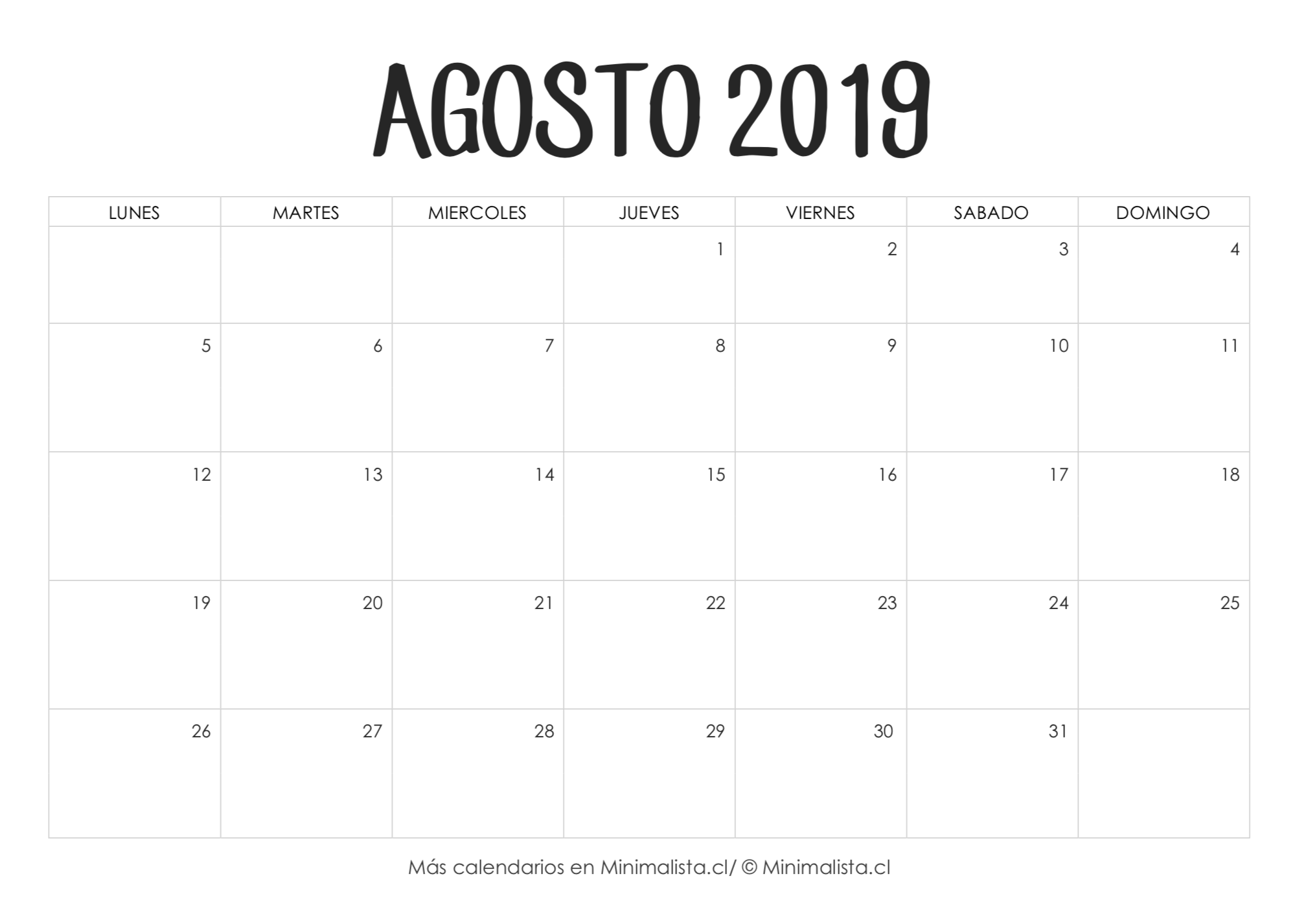 Calendario Agosto 2019 para Imprimir