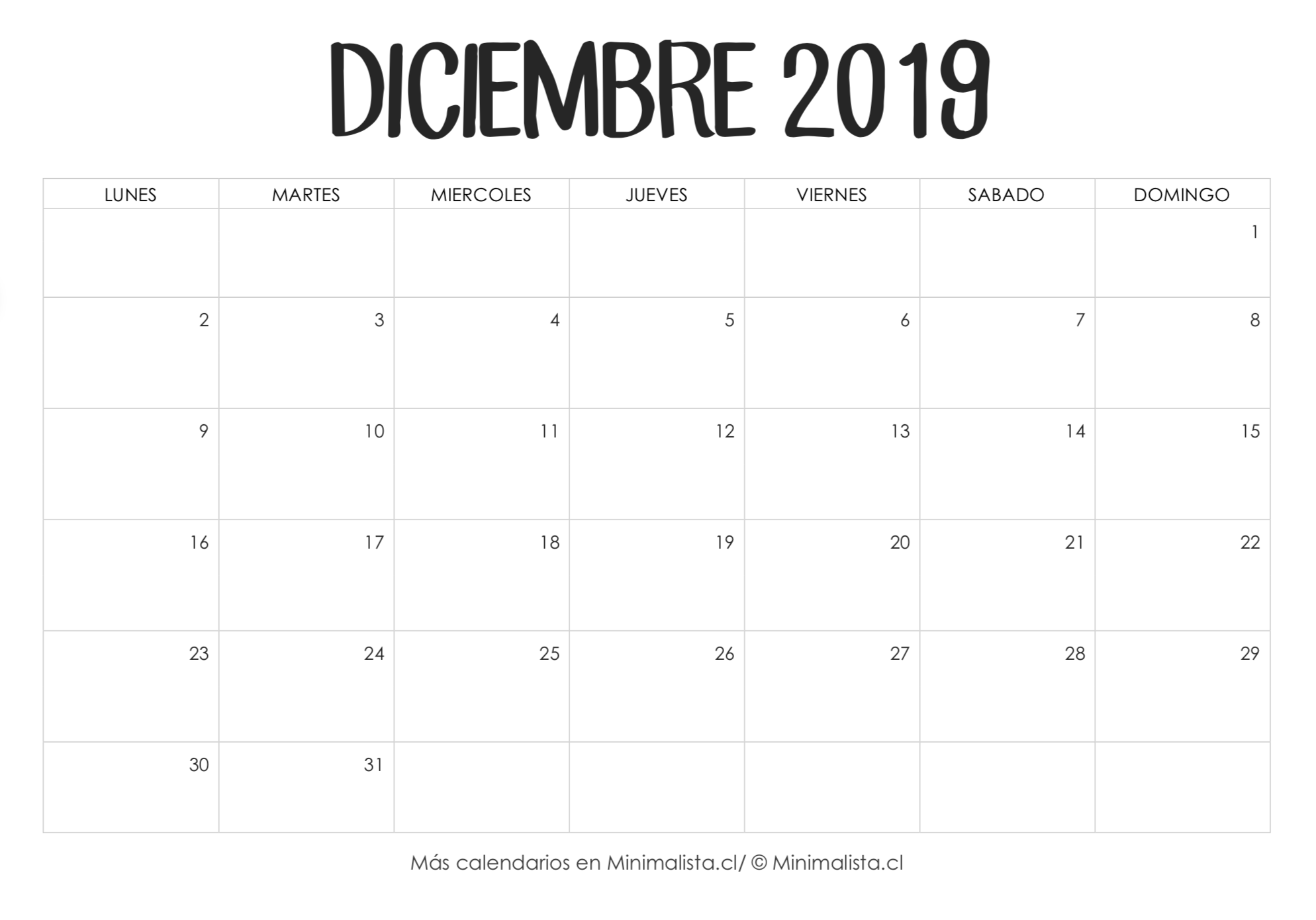 Calendario Diciembre 2019 para Imprimir