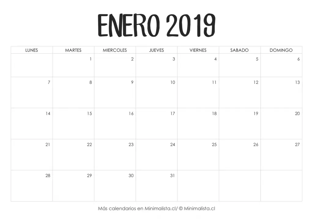 Calendario Enero 2019 para Imprimir