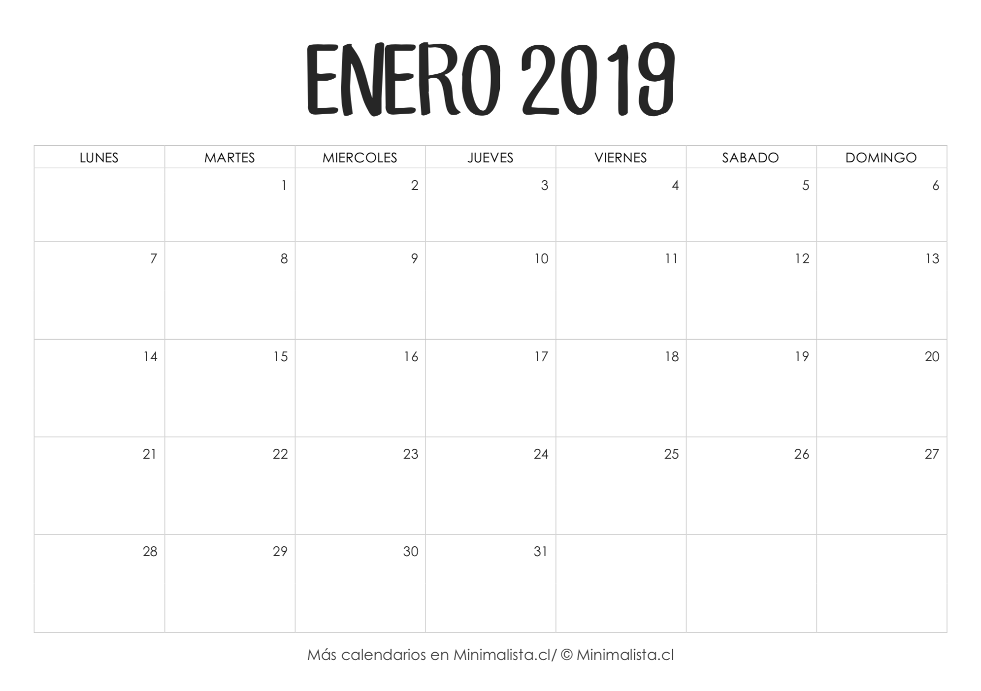 Calendario Enero 2019 para Imprimir