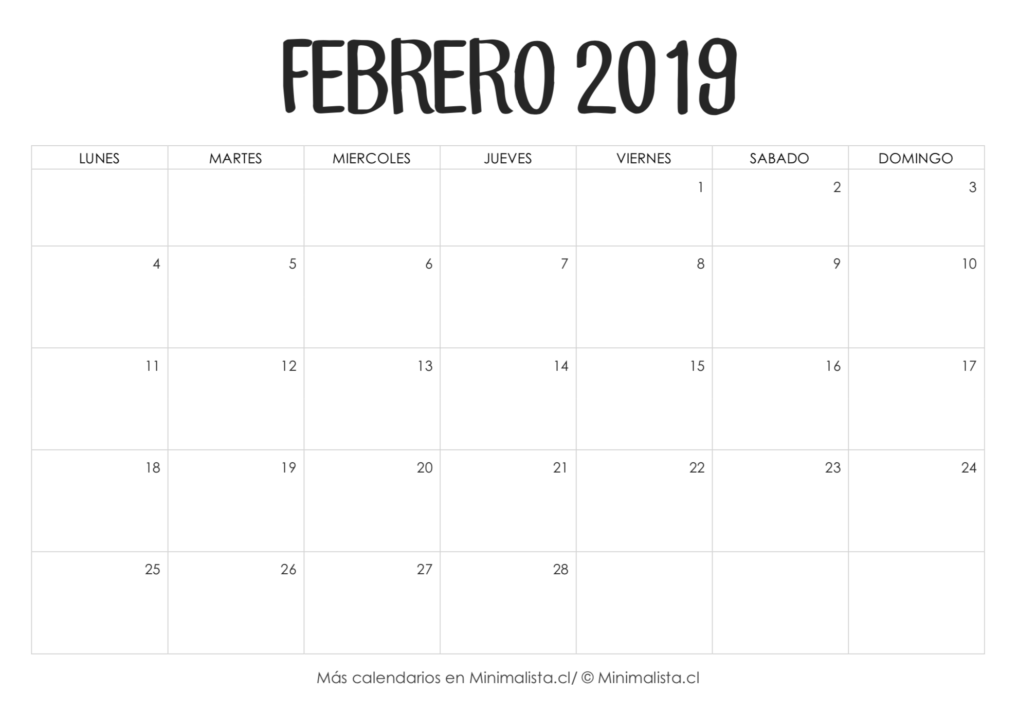 Calendario Febrero 2019 para Imprimir