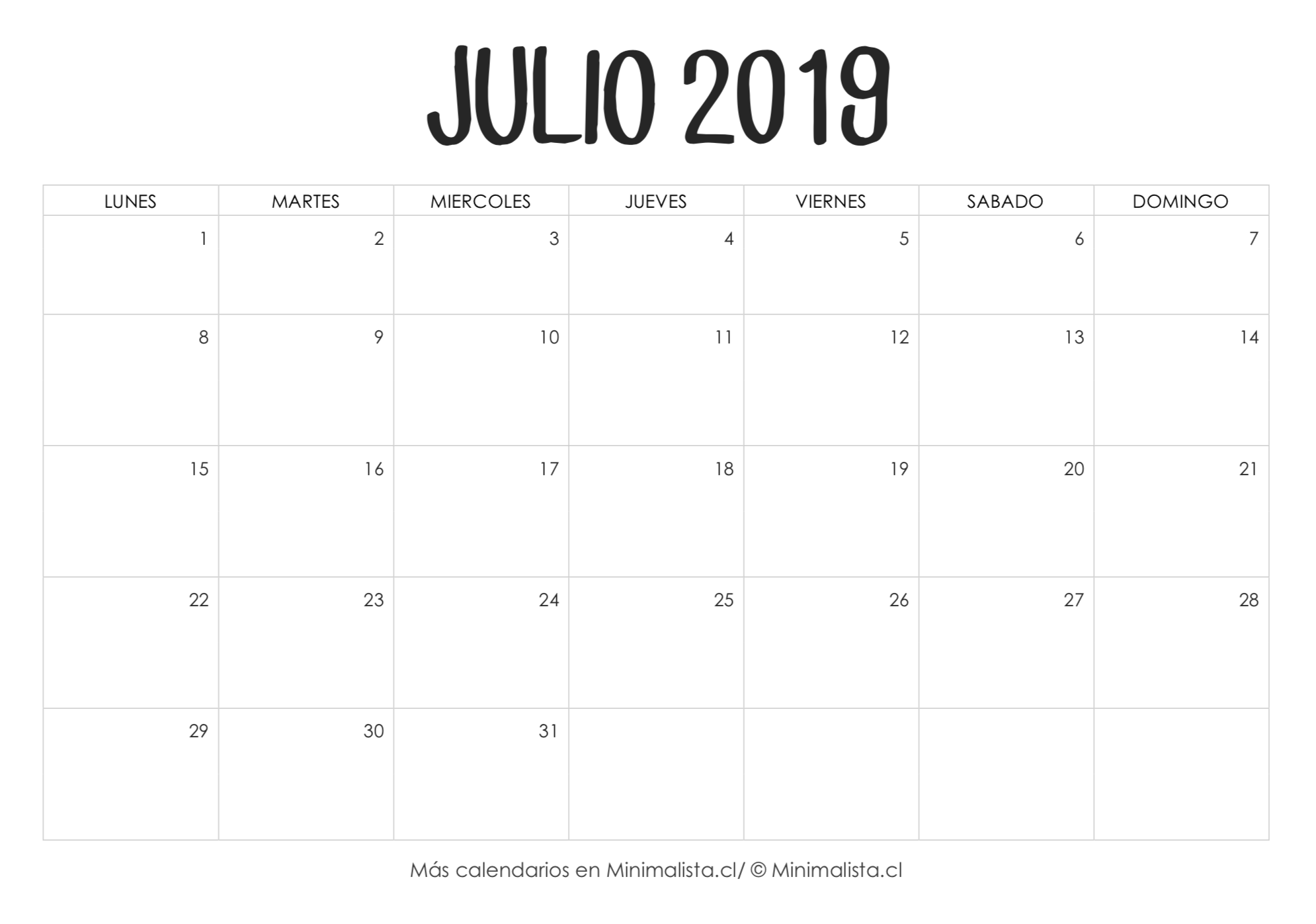 Calendario Julio 2019 para Imprimir