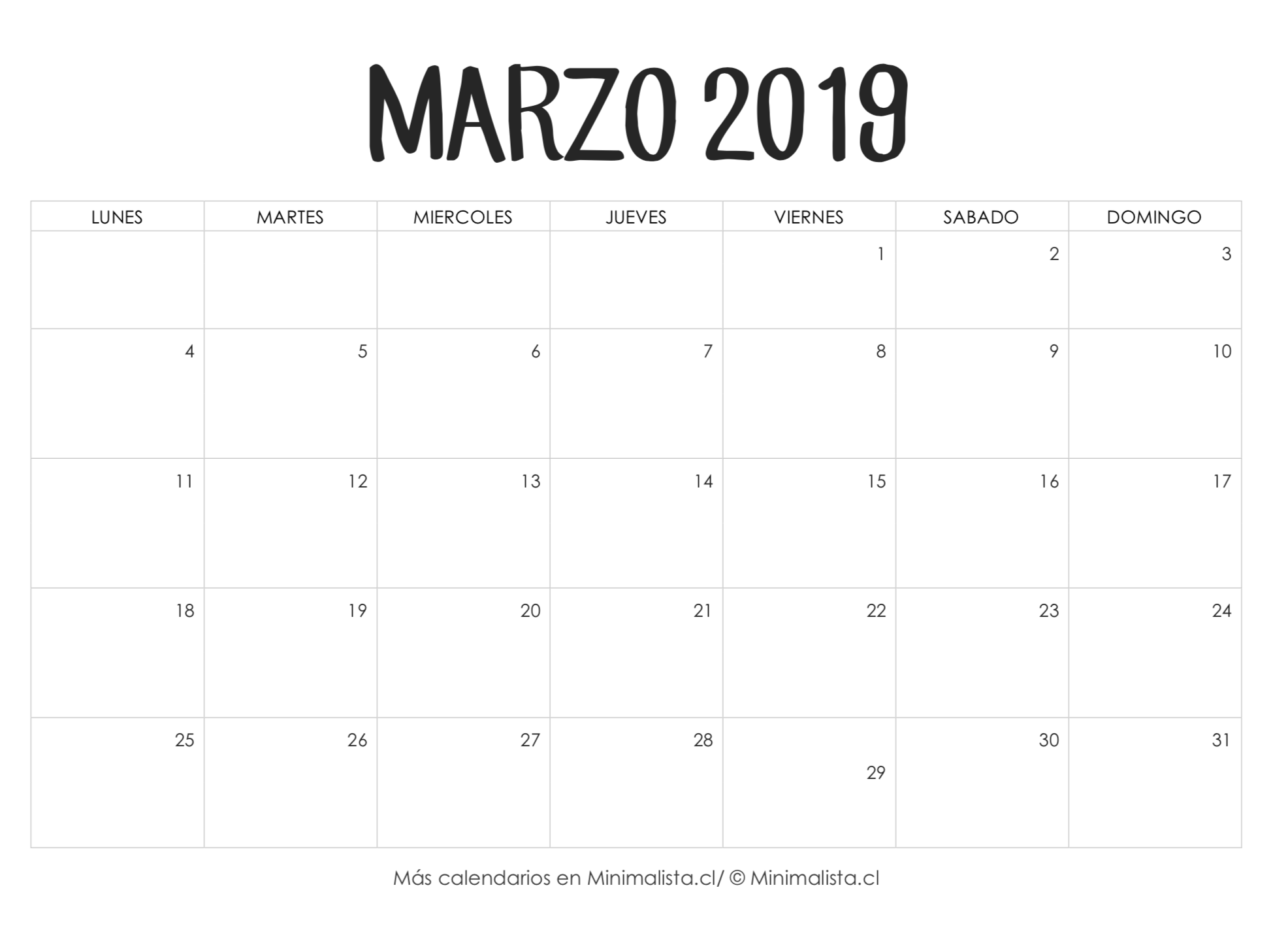Calendario Marzo 2019 para Imprimir