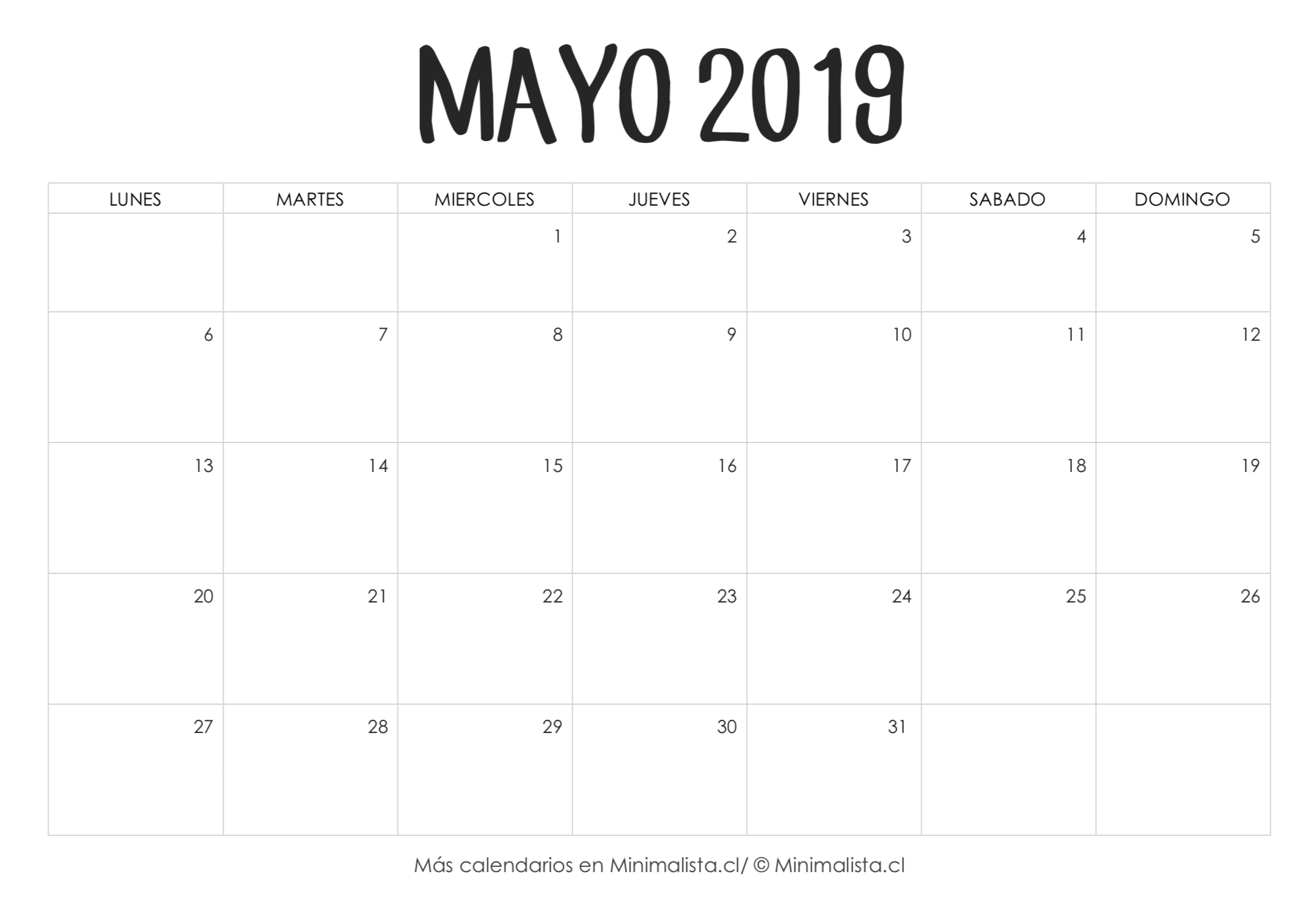 Calendario Mayo 2019 para Imprimir