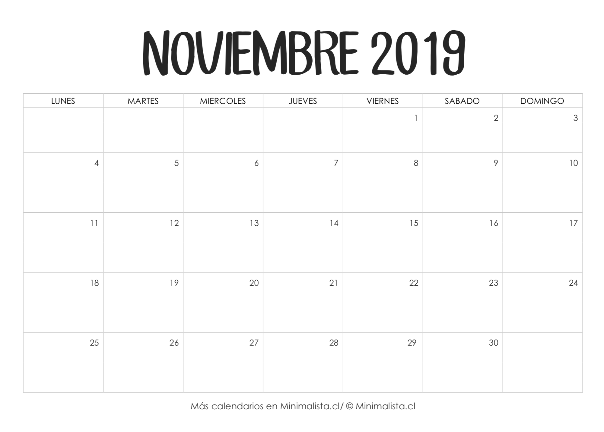 Calendario Noviembre 2019 para Imprimir