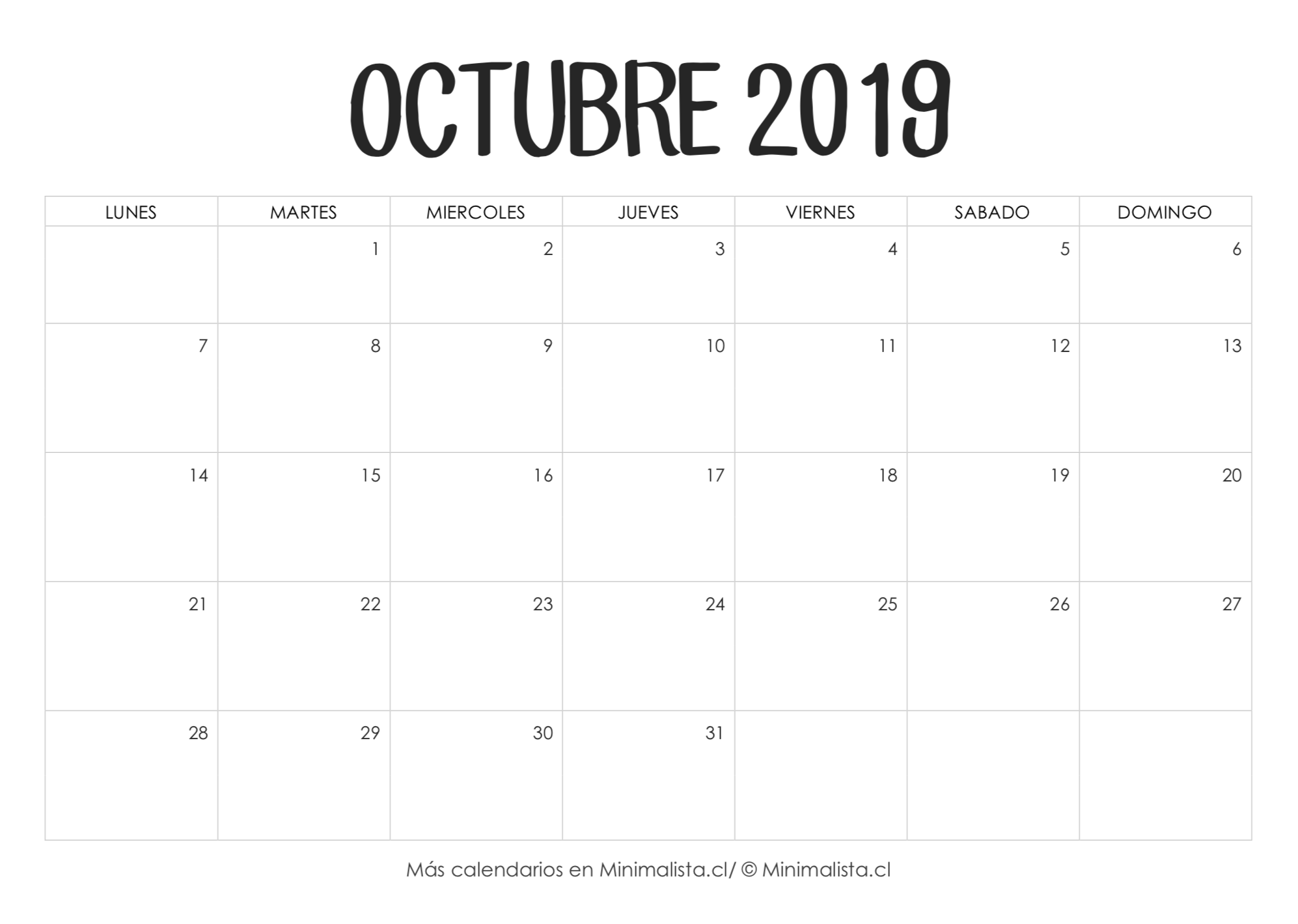 Calendario Octubre 2019 para Imprimir