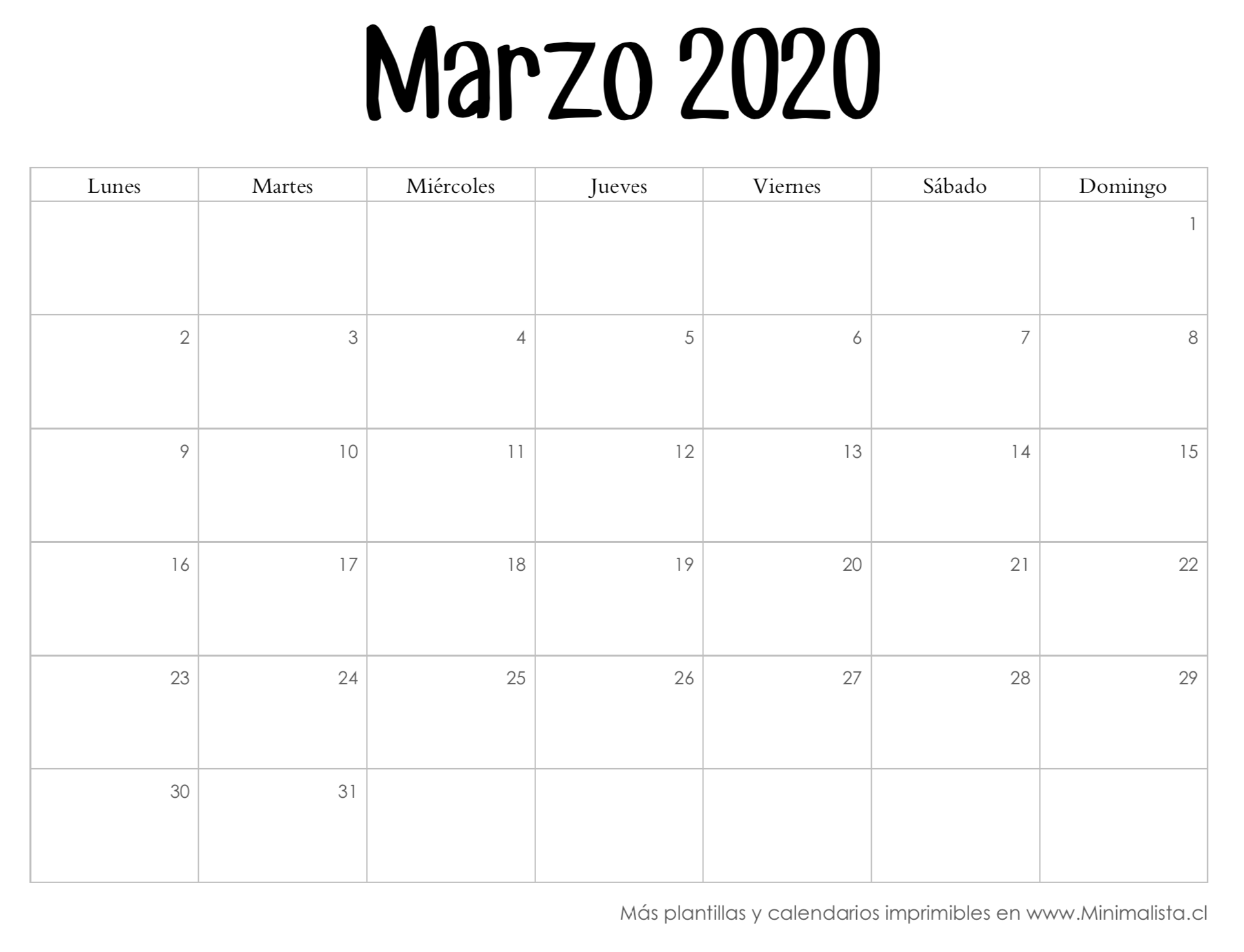 Calendarios 2020 Para Imprmir Minimalista