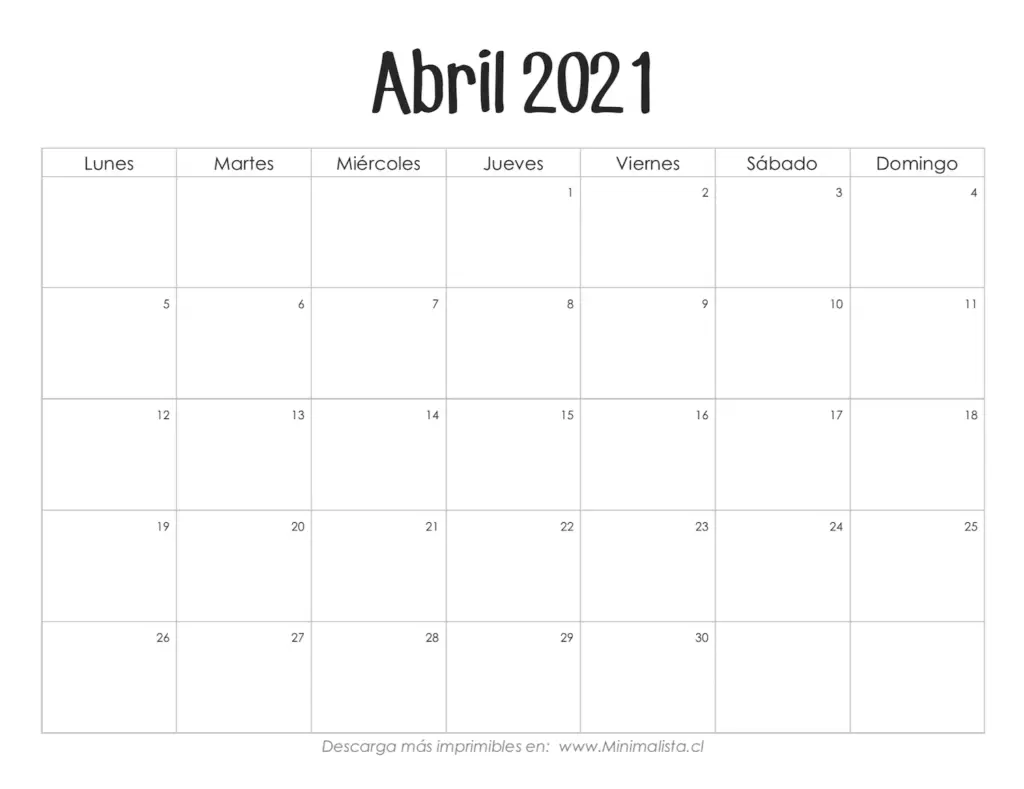 Calendario Imprimible Abril 2021