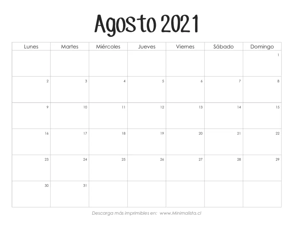 Calendario Imprimible Gratis Agosto 2021