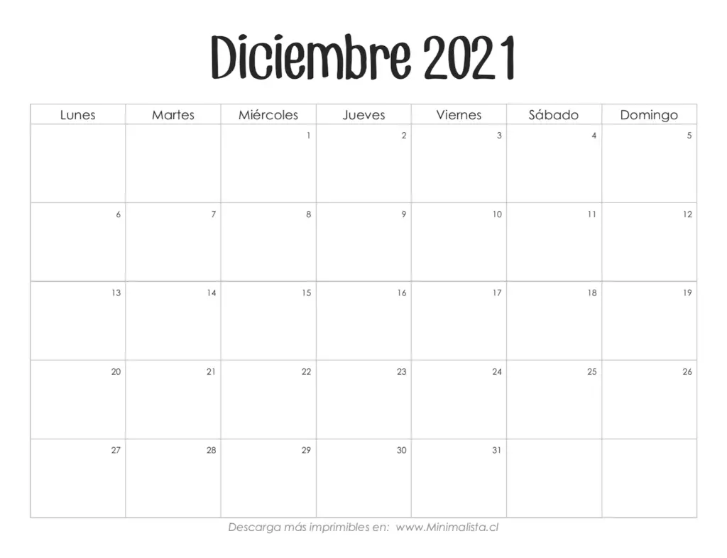 Calendario Imprimible Gratis Diciembre 2021