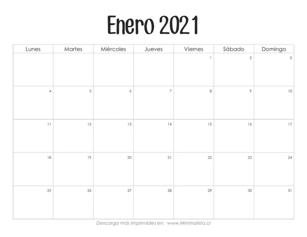 Calendario Imprimible Enero 2021