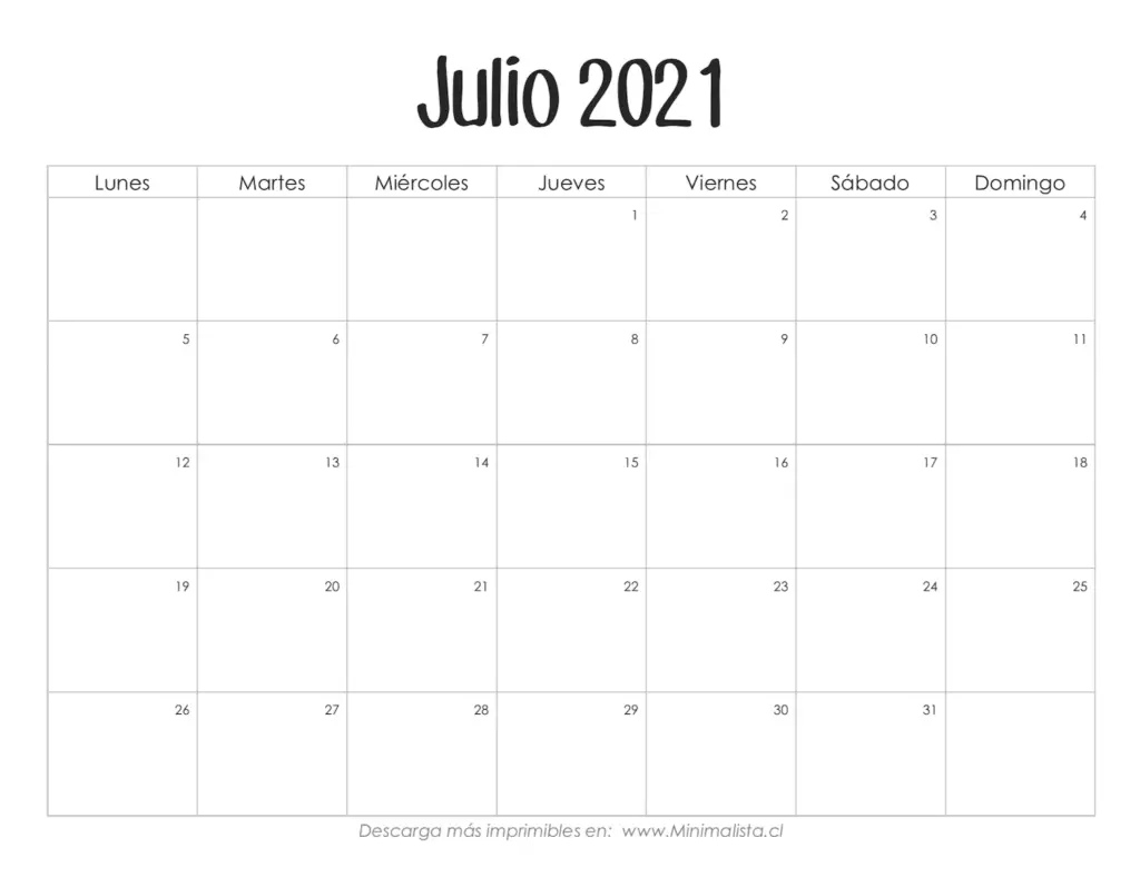 Calendario Imprimible Gratis Julio 2021