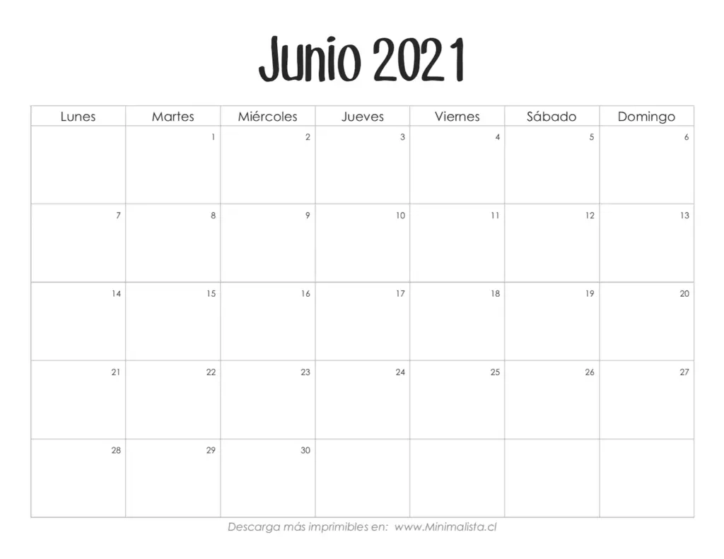 Calendario Imprimible Gratis Junio 2021