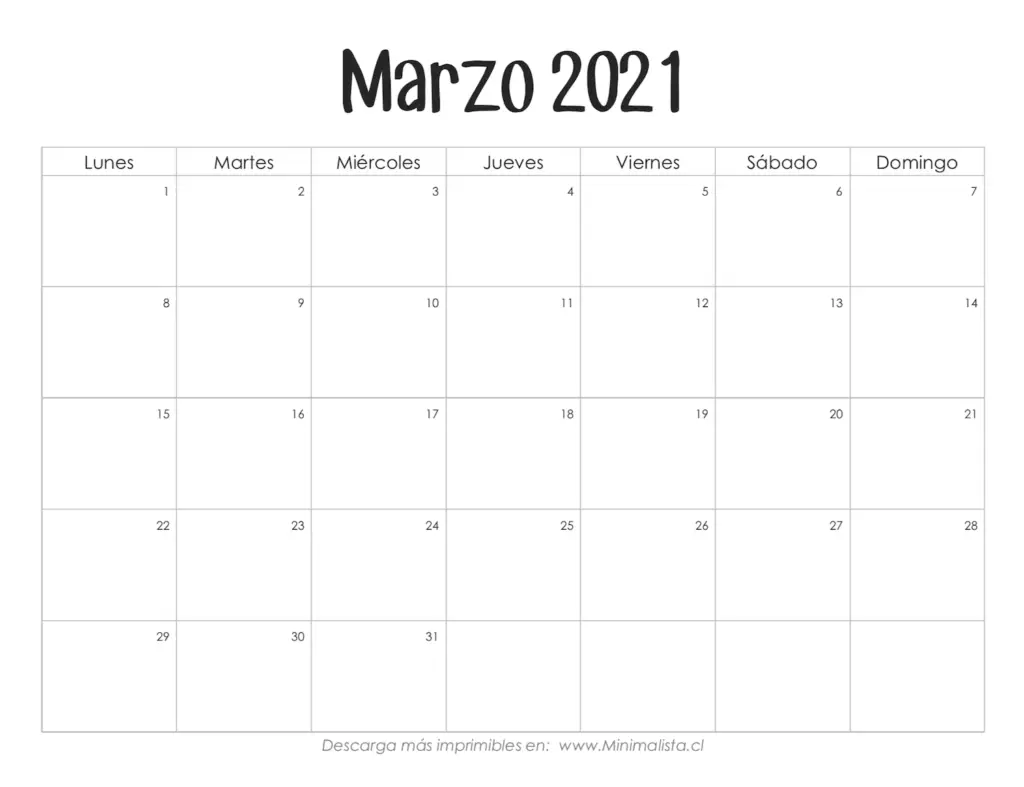 Calendario Imprimible MARZO 2021