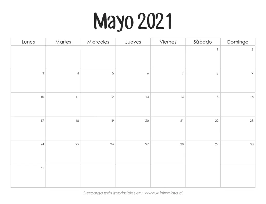 Calendario Imprimible Mayo 2021 Gratis