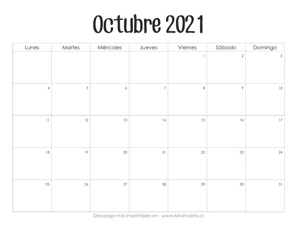 Calendario Imprimible Gratis Octubre 2021