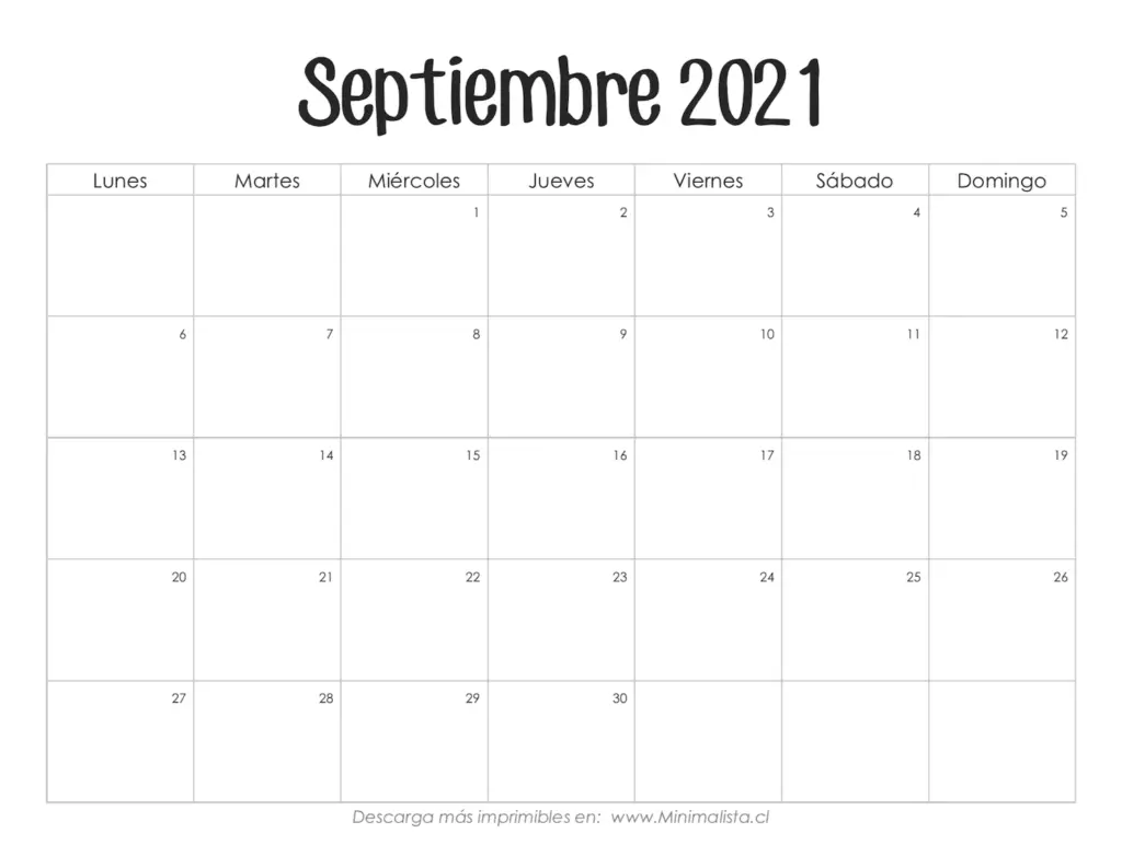 Calendario Imprimible Gratis Septiembre 2021