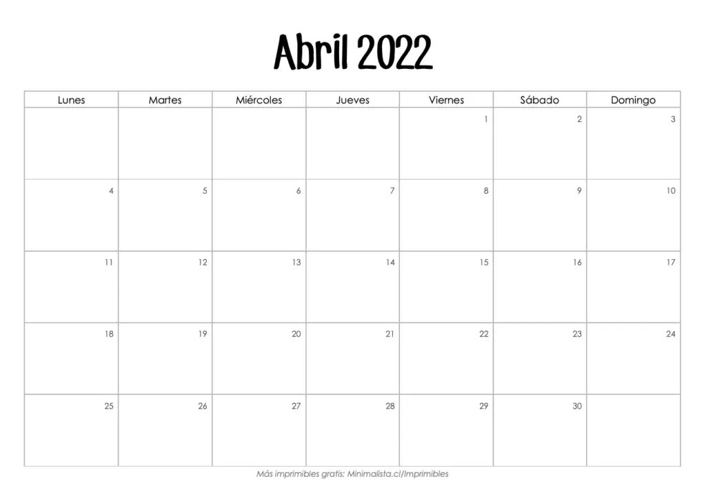 Calendario Abril 2022 para Imprimir
