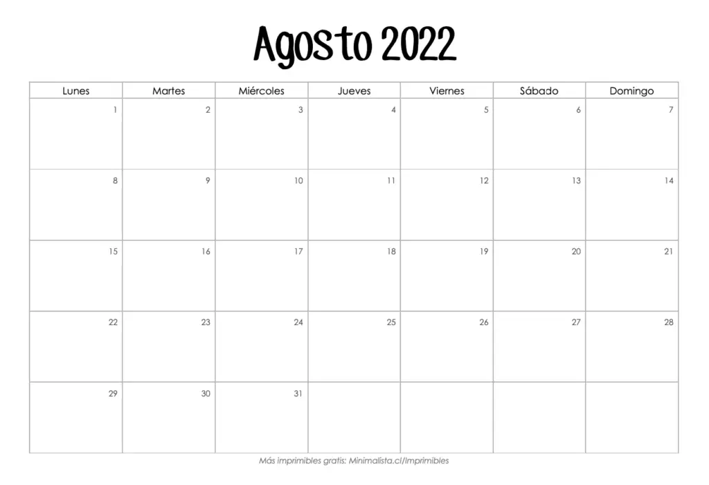Calendario Agosto 2022 para Imprimir