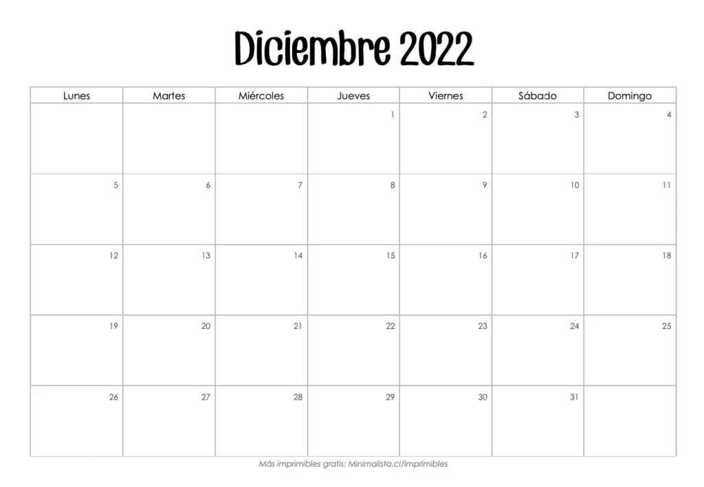 Calendario Diciembre 2022 para Imprimir