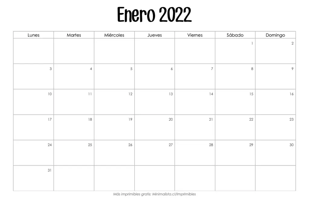 Calendario Enero 2022 para Imprimir