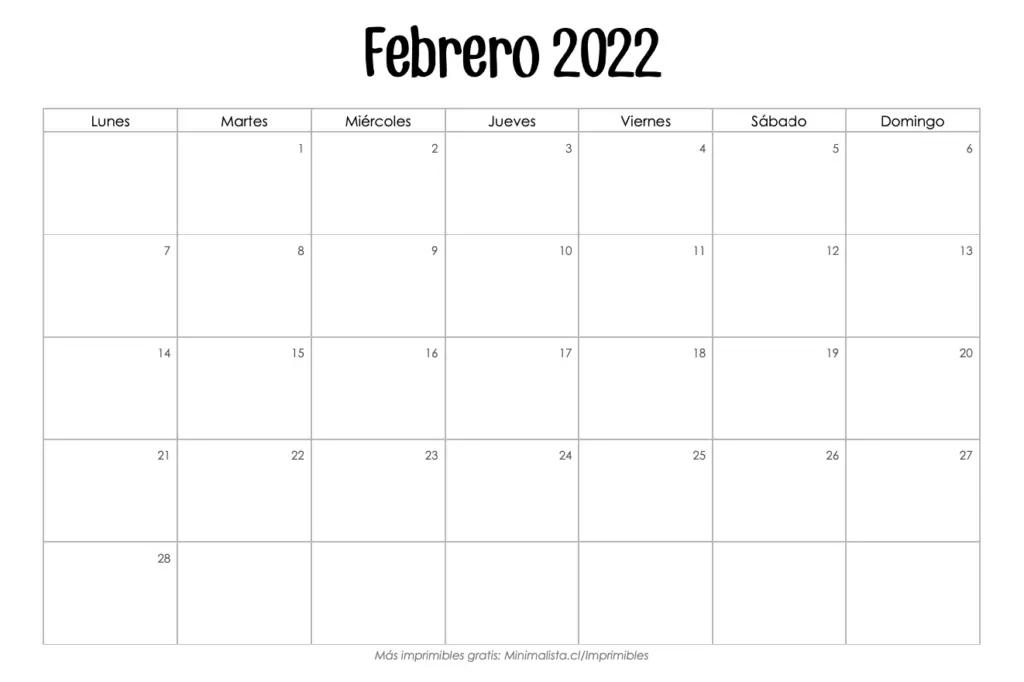 Calendario Febrero 2022 para Imprimir