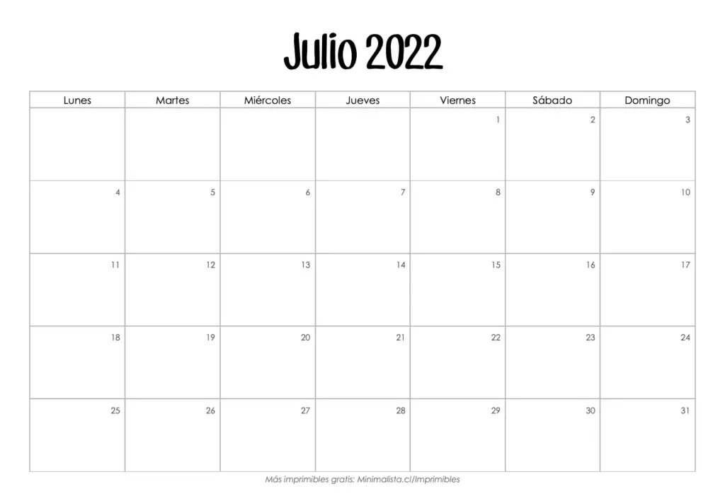 Calendario Julio 2022 para Imprimir