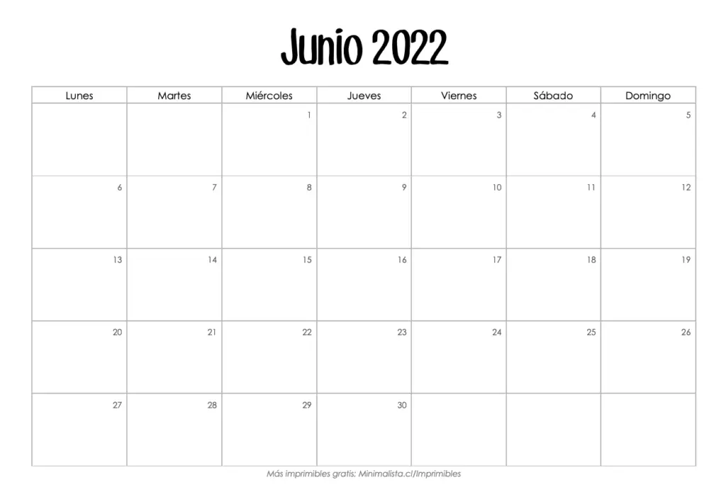 Calendario Junio 2022 para Imprimir