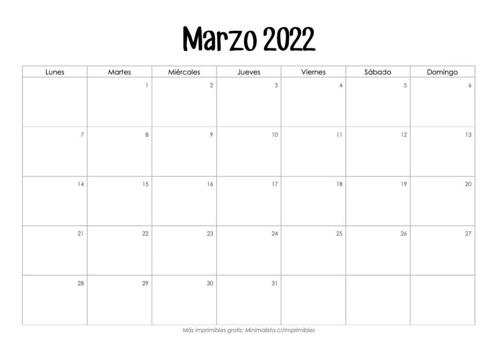 Calendario Marzo 2022 para Imprimir