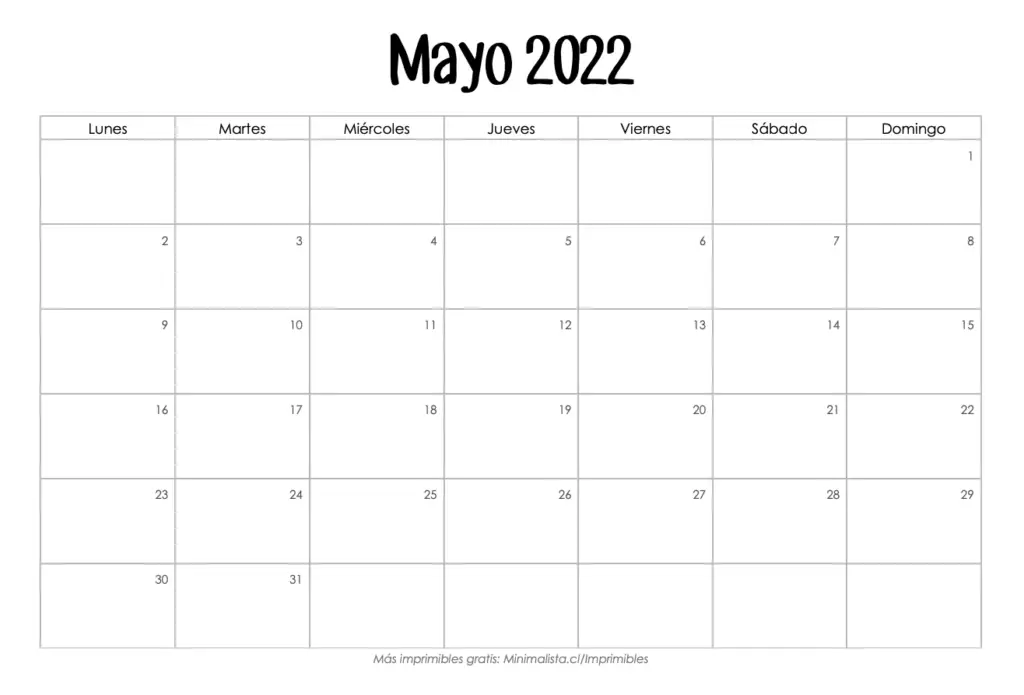 Calendario Mayo 2022 para Imprimir