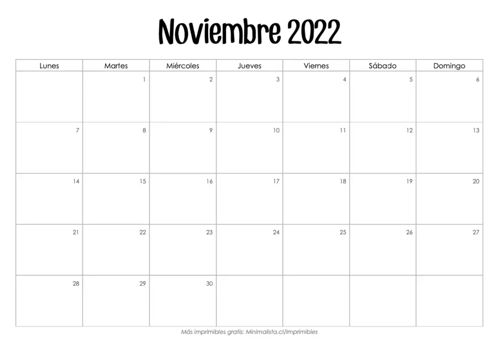 Calendario Noviembre 2022 para Imprimir