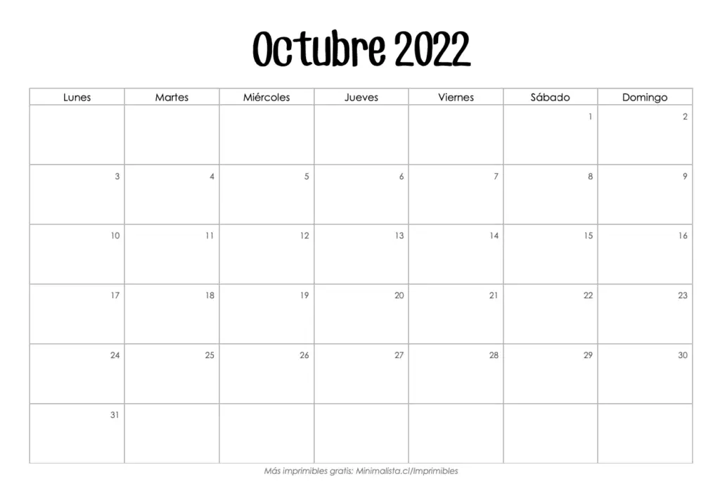 Calendario Octubre 2022 para Imprimir