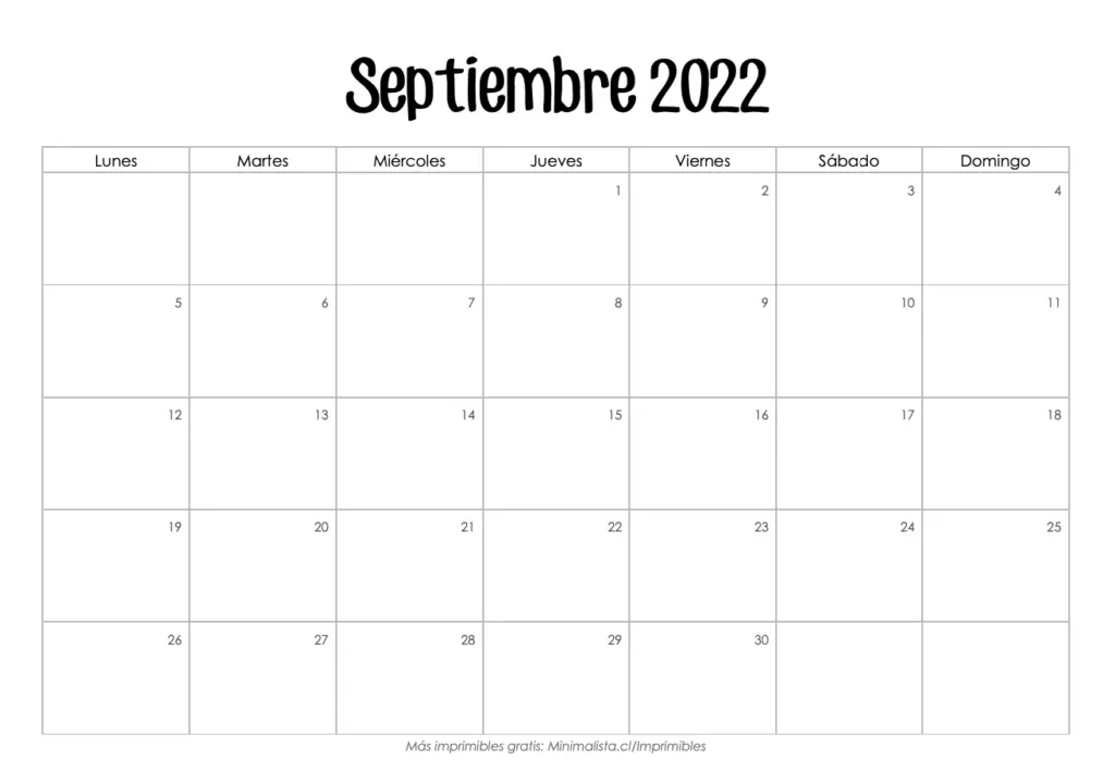 Calendario Septiembre 2022 para Imprimir