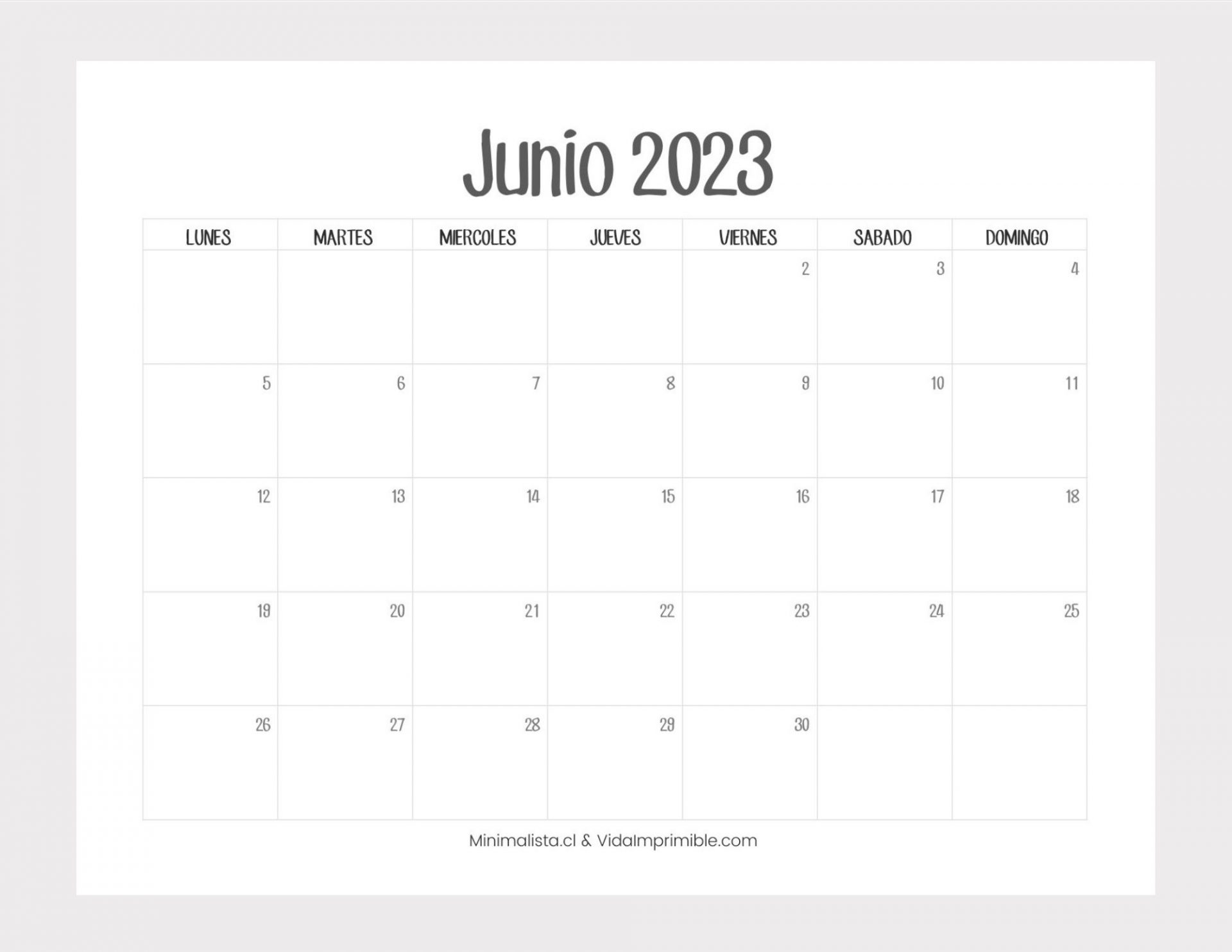 Mes De Juny 2023 Calendarios 2023 para Imprimir descarga gratis - Minimalista